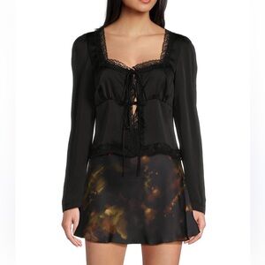 HOUSE OF HARLOW 1960 Satin Lace Trim Tie Front Square Neck Black Blouse Size XS